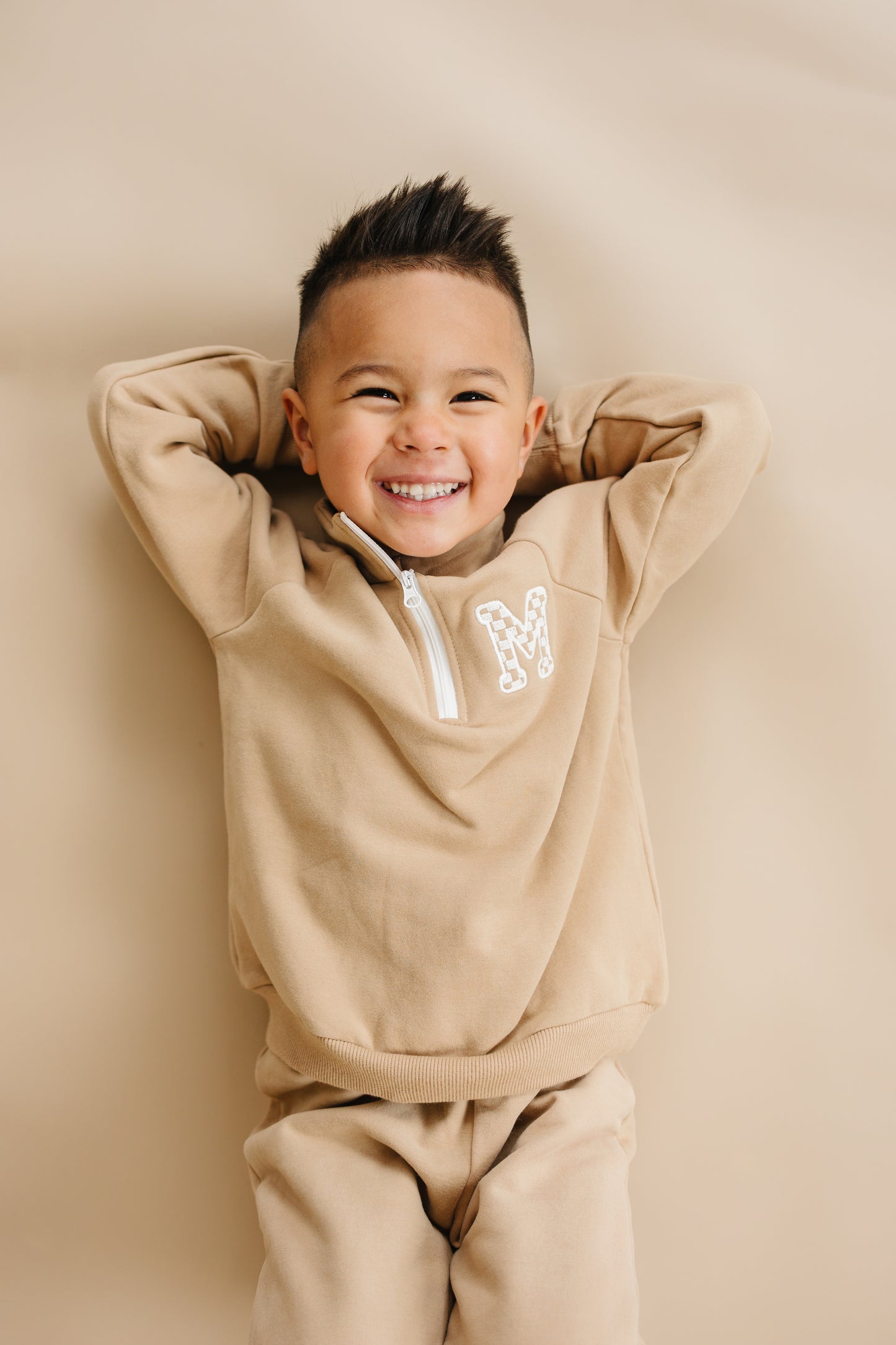 Custom Embroidered Organic Cotton Quarter Zip Set - Tan