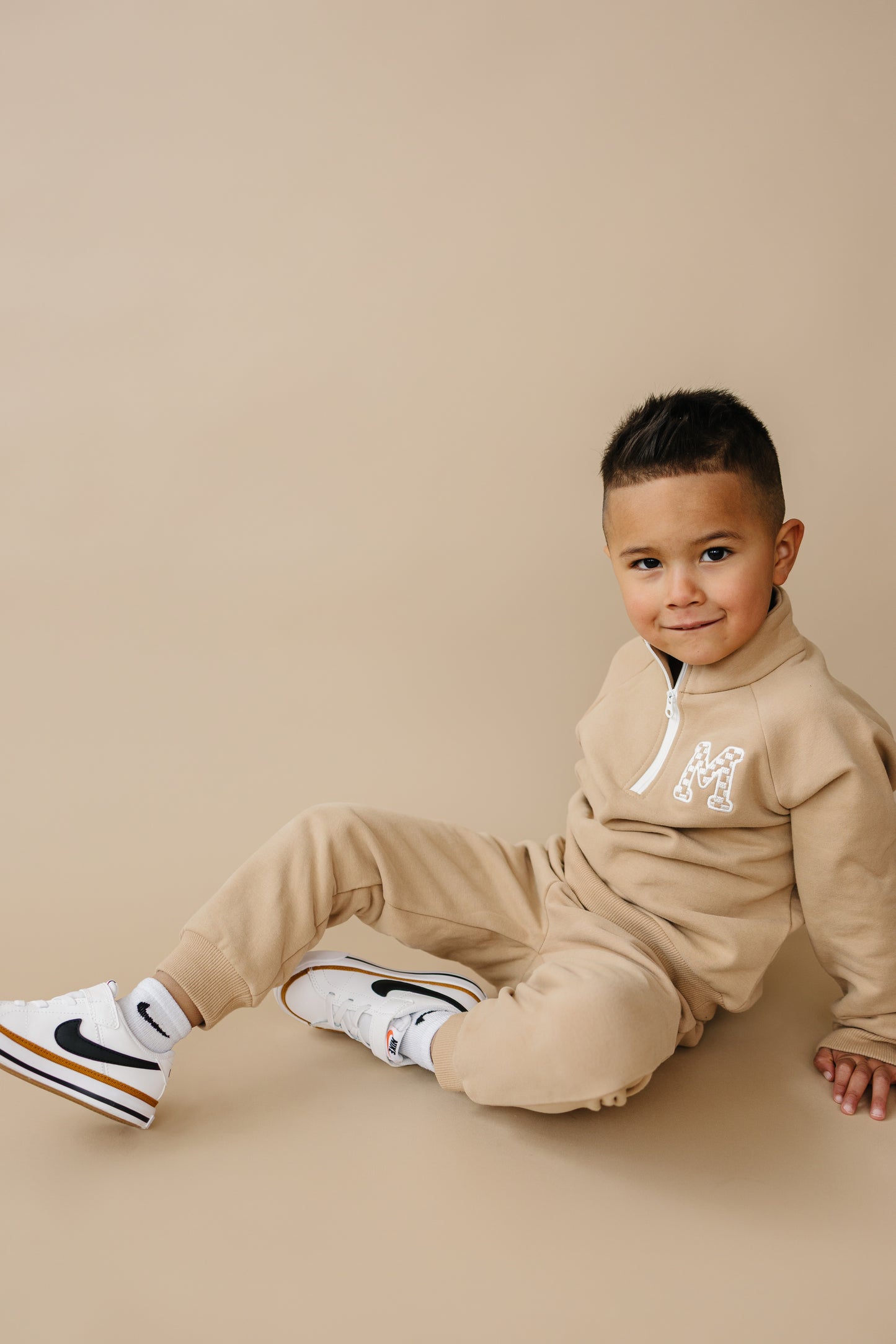 Custom Embroidered Organic Cotton Quarter Zip Set - Tan