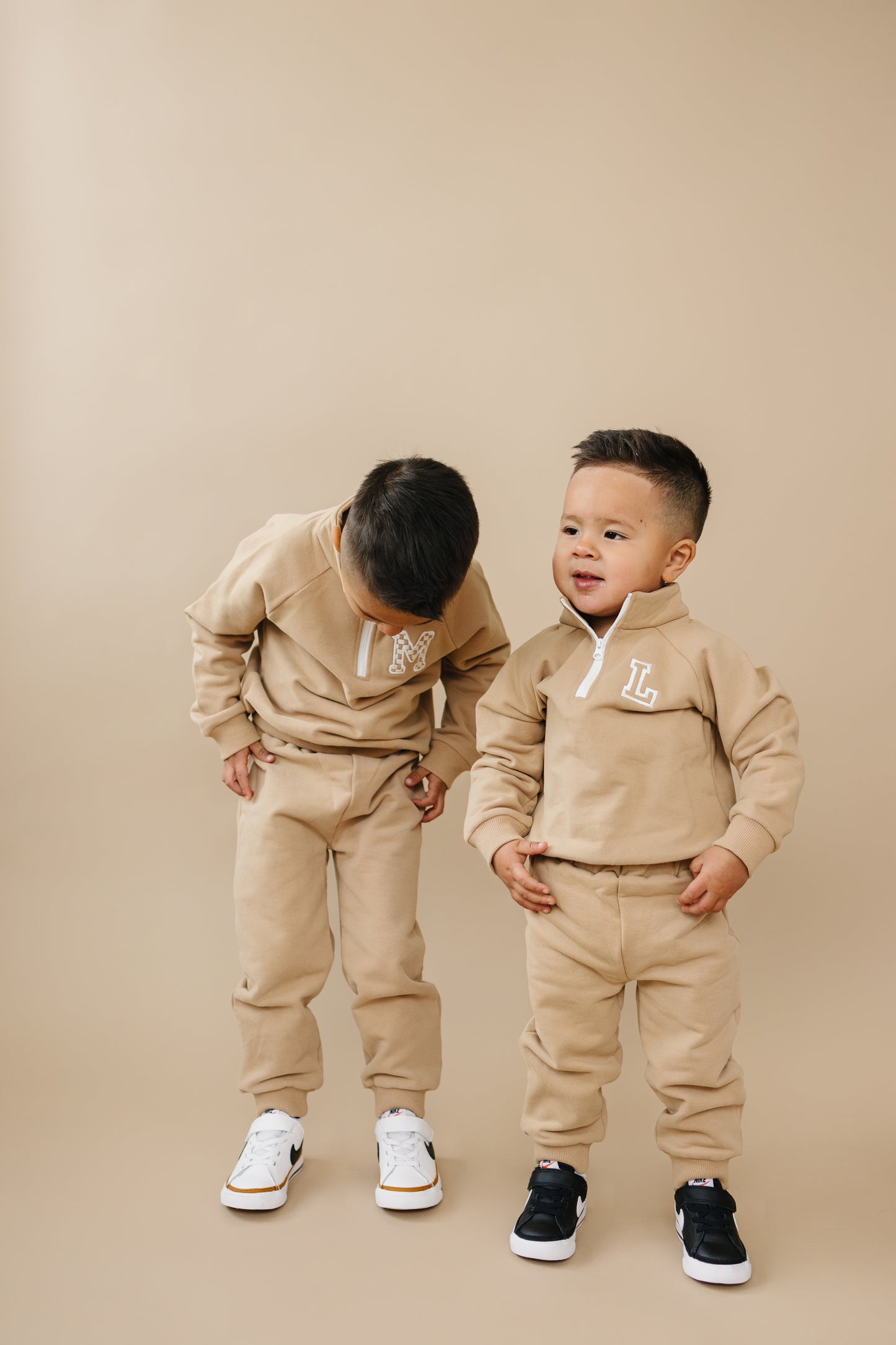 Custom Embroidered Organic Cotton Quarter Zip Set - Tan