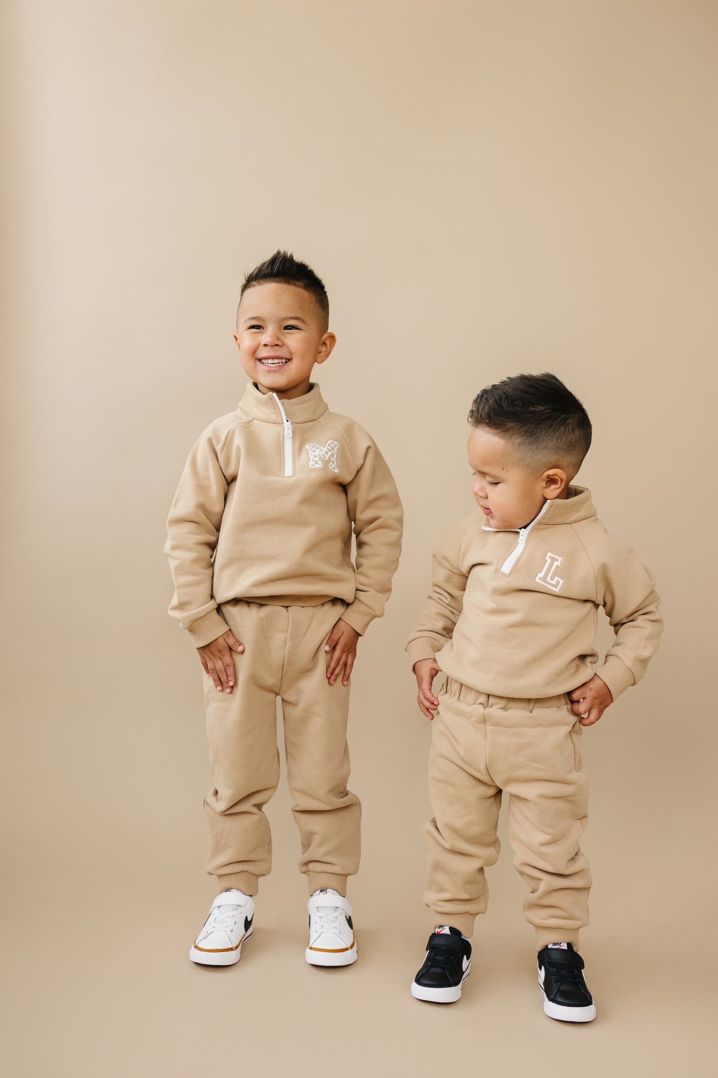 Custom Embroidered Organic Cotton Quarter Zip Set - Tan