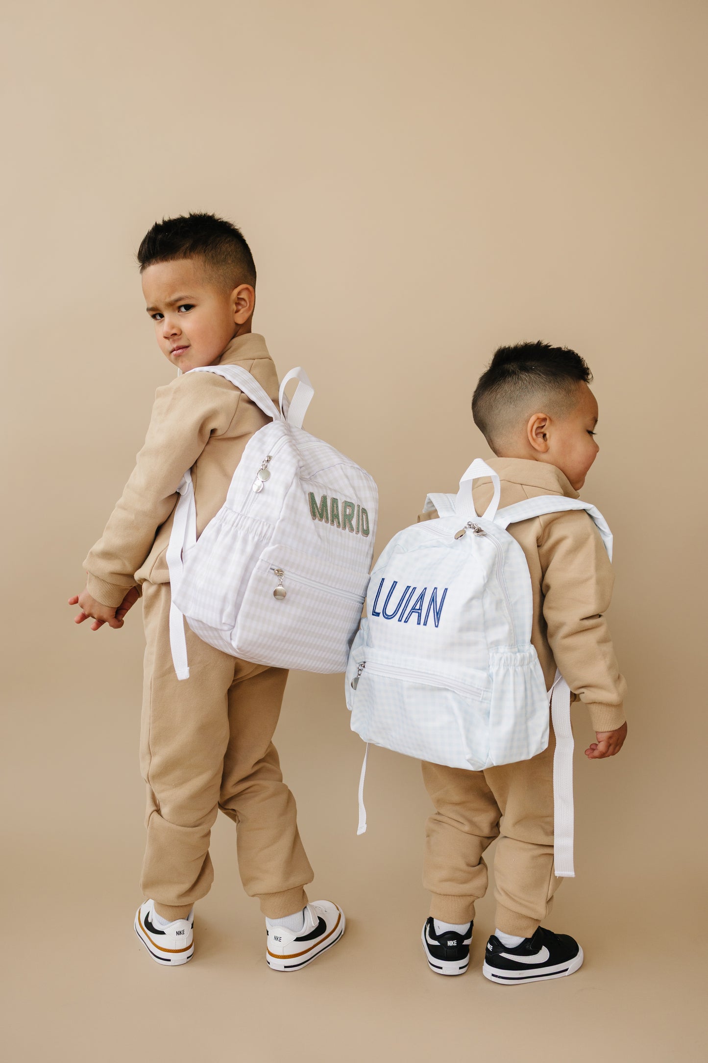 Custom Embroidered Gingham Toddler Backpack - Tan
