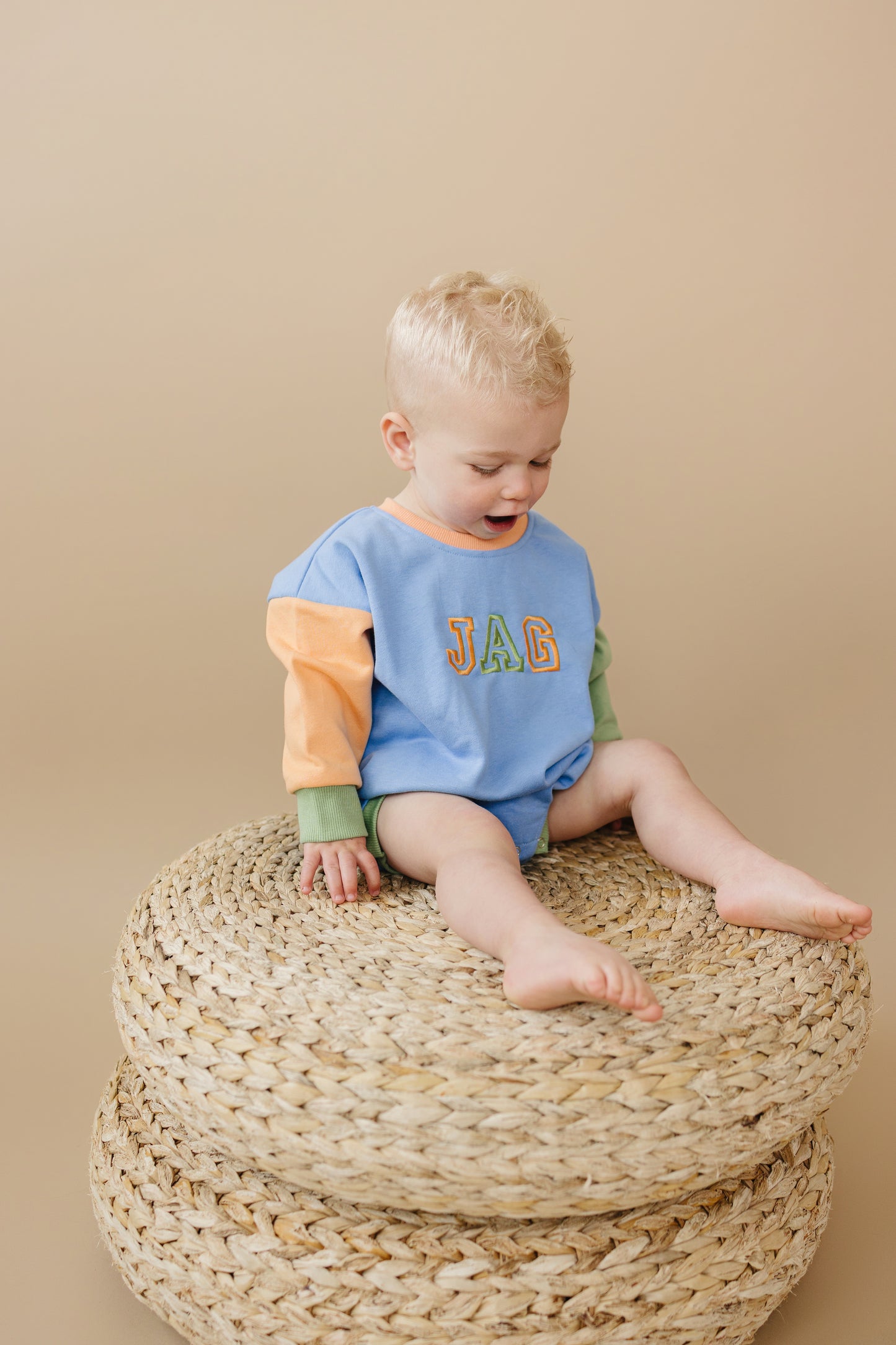 Custom Embroidered Colorblock Sweatshirt Romper - Orange Blue Green