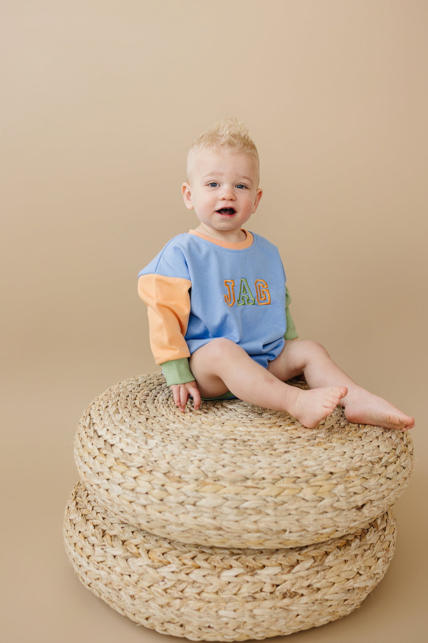 Custom Embroidered Colorblock Sweatshirt Romper - Orange Blue Green