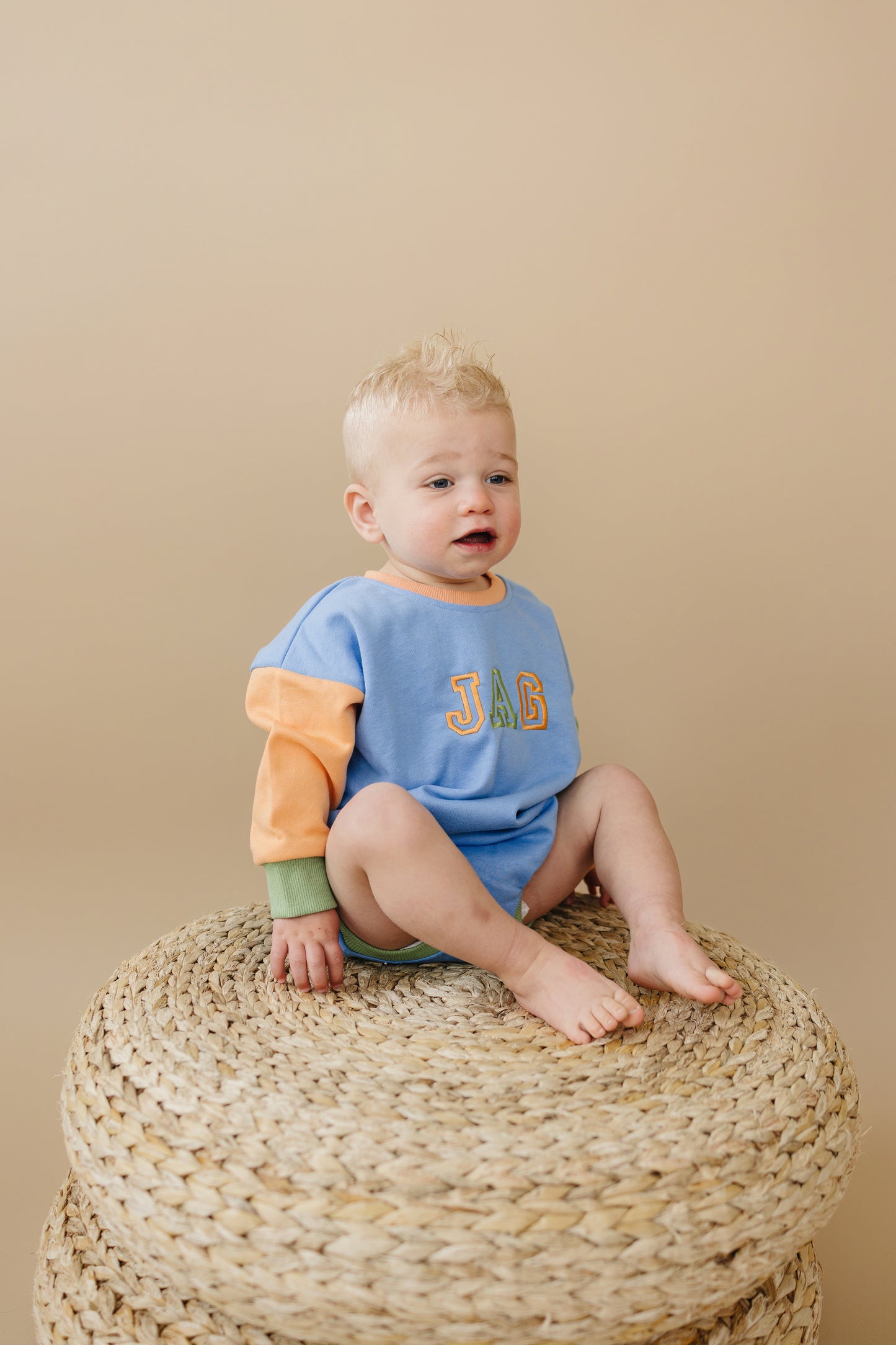 Custom Embroidered Colorblock Sweatshirt Romper - Orange Blue Green