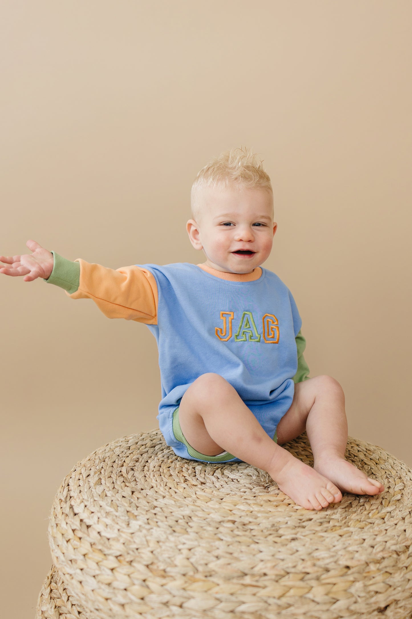 Custom Embroidered Colorblock Sweatshirt Romper - Orange Blue Green