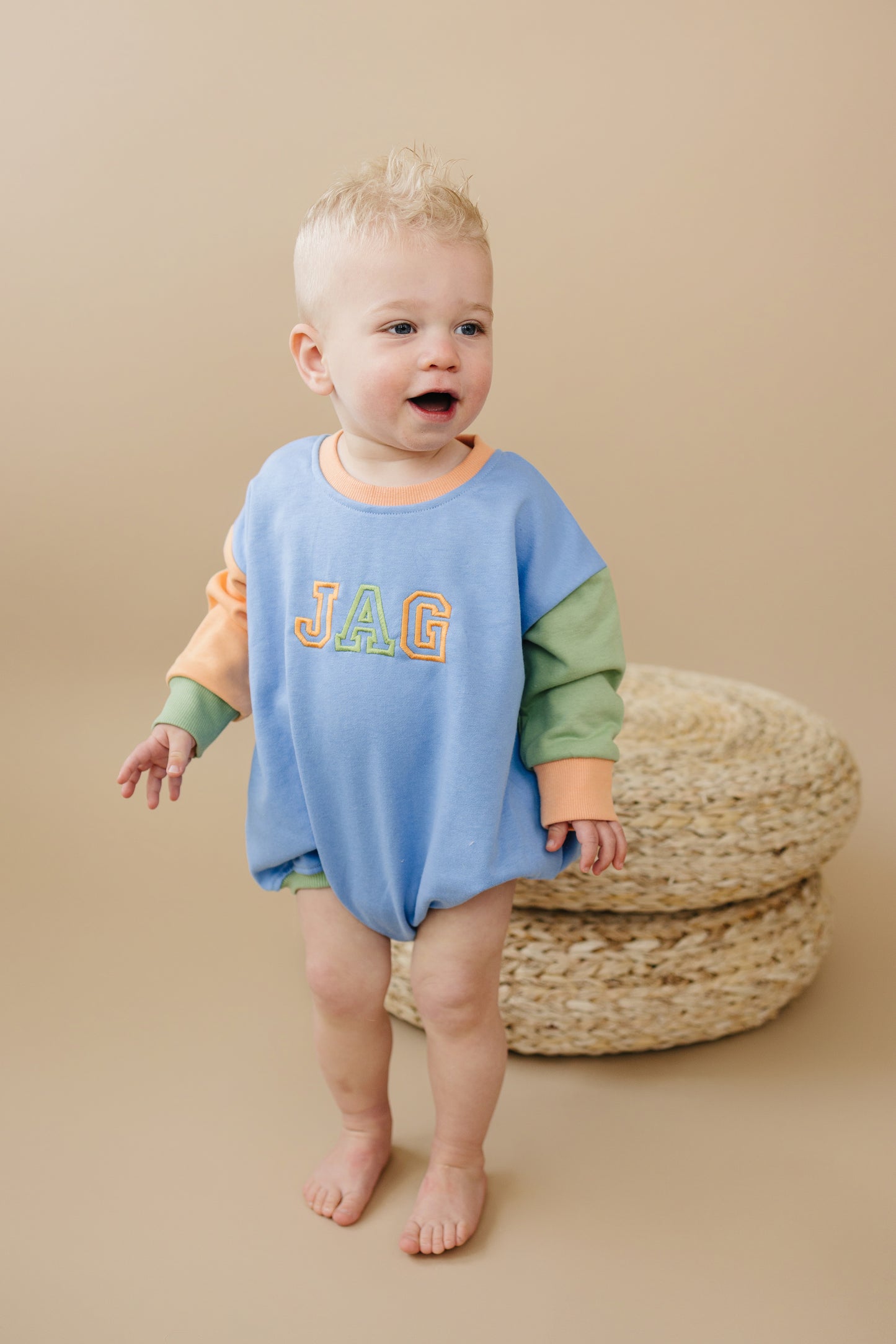 Custom Embroidered Colorblock Sweatshirt Romper - Orange Blue Green
