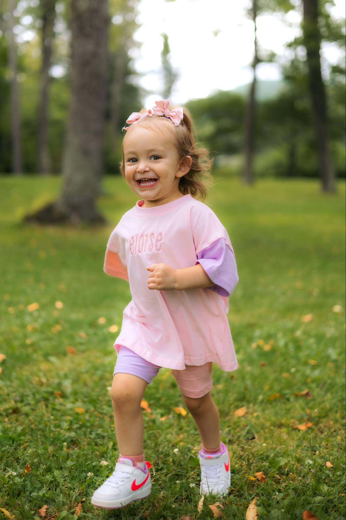 Custom Embroidered Colorblock Tee and Biker Shorts Set - Pink & Purple Set
