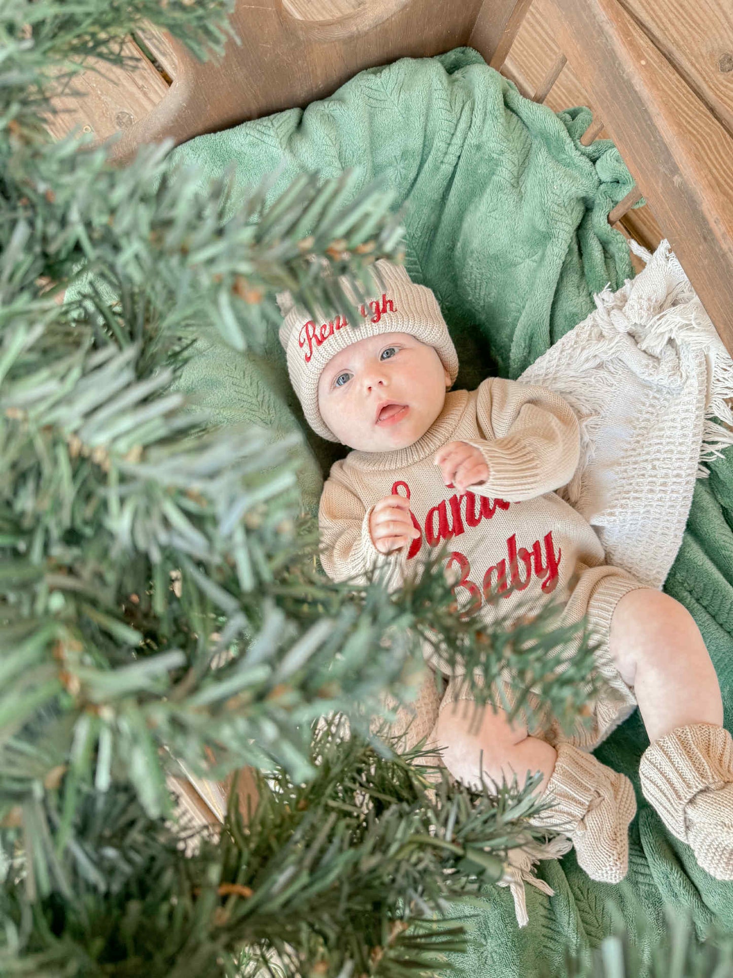 Custom Embroidered Santa Baby Christmas Knit Sweater Romper + Add-On Booties & Hat Set