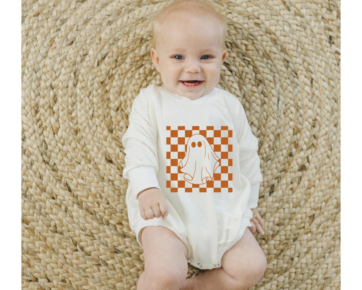 Checkered Ghost Bamboo Sweatshirt Romper - Little Joy Co.