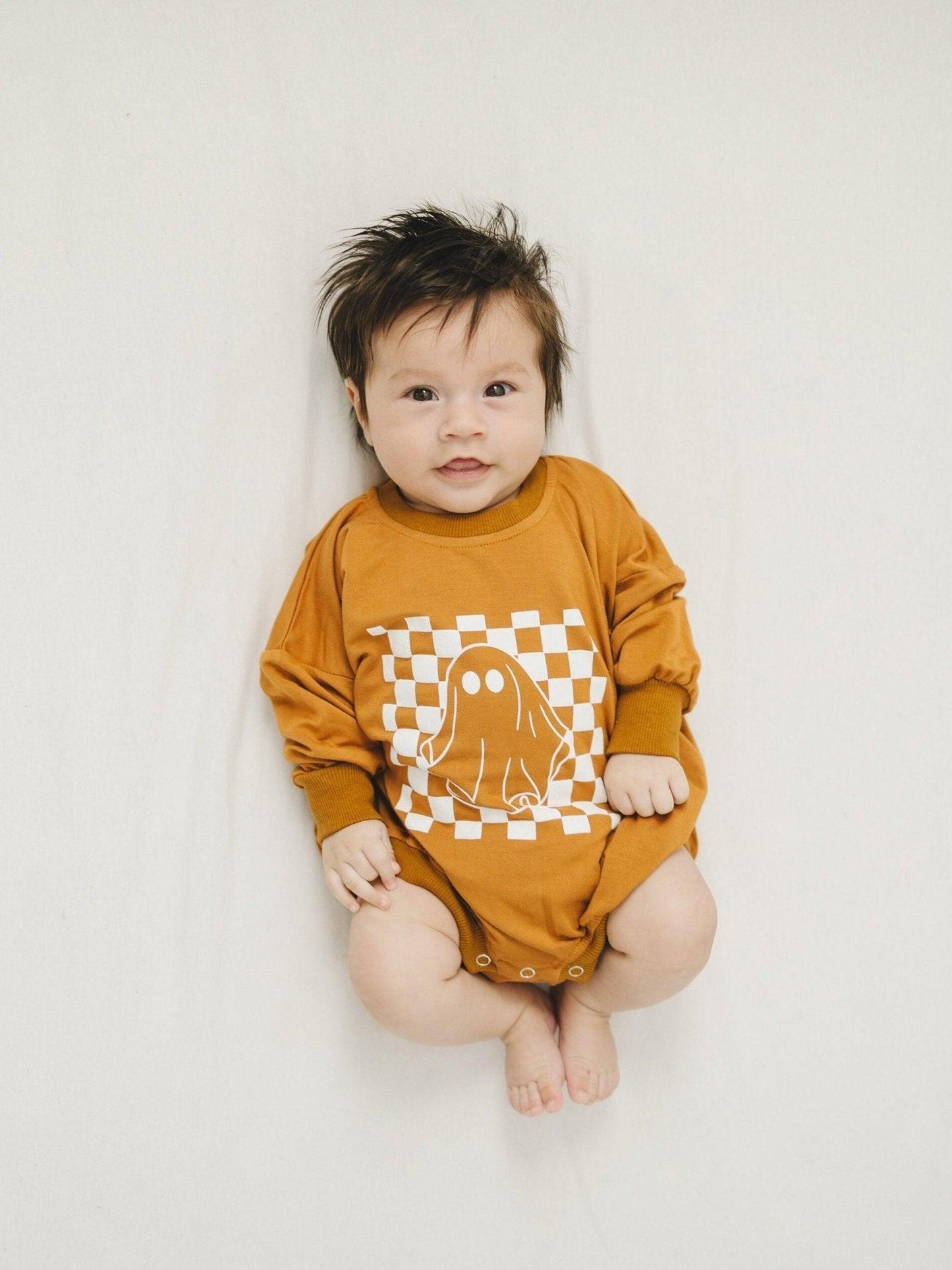 Checkered Ghost Bamboo Sweatshirt Romper - Little Joy Co.