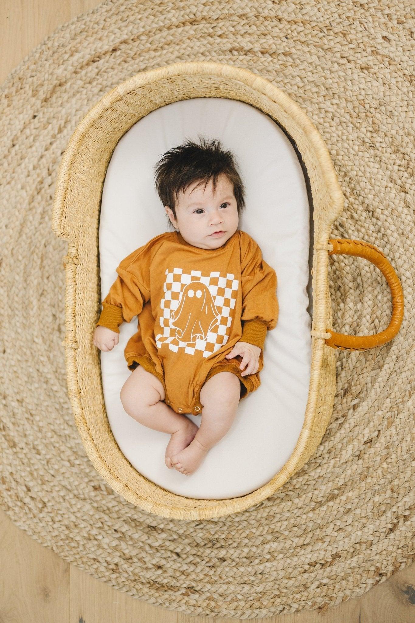 Checkered Ghost Bamboo Sweatshirt Romper - Little Joy Co.