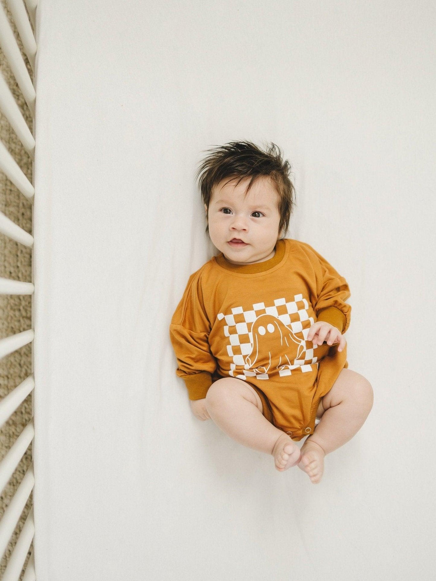 Checkered Ghost Bamboo Sweatshirt Romper - Little Joy Co.