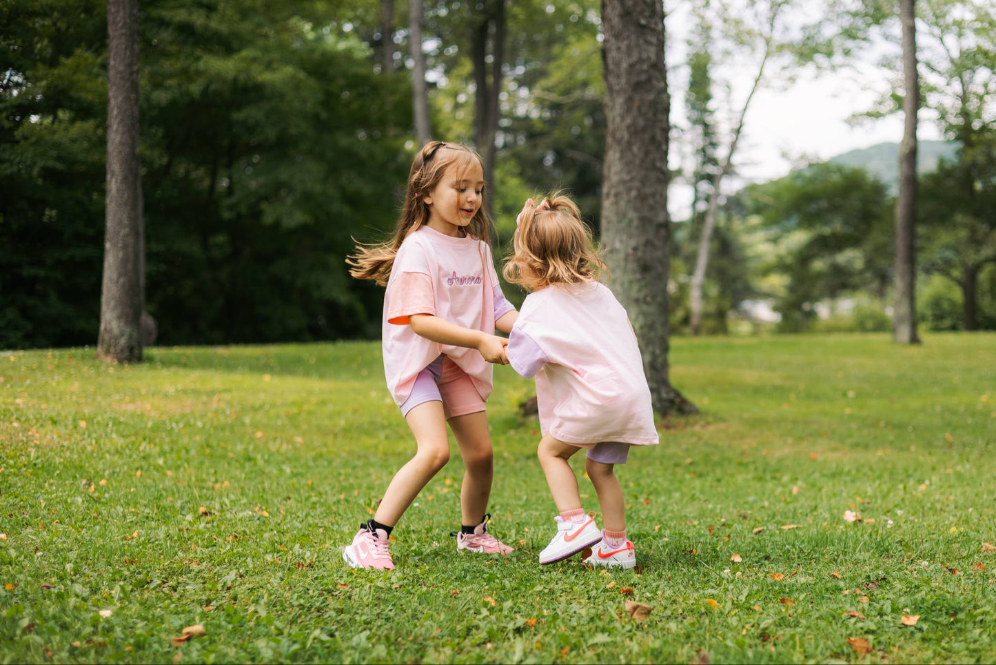 Custom Embroidered Colorblock Tee and Biker Shorts Set - Pink & Purple Set