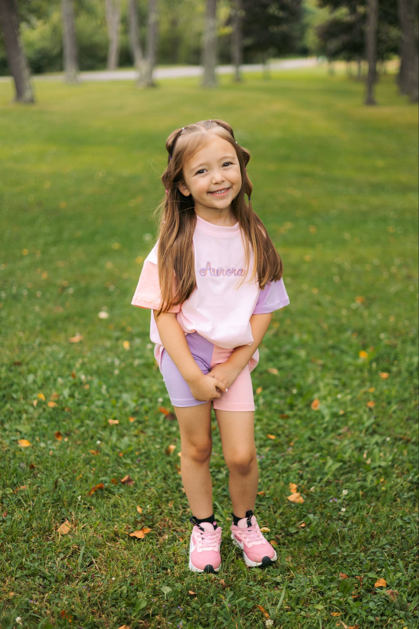 Custom Embroidered Colorblock Tee and Biker Shorts Set - Pink & Purple Set