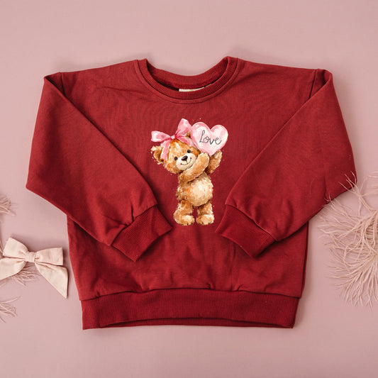 Valentine's Day Teddy Bear Bow Crewneck Sweatshirt or Sweatshirt Romper - Red or Cream
