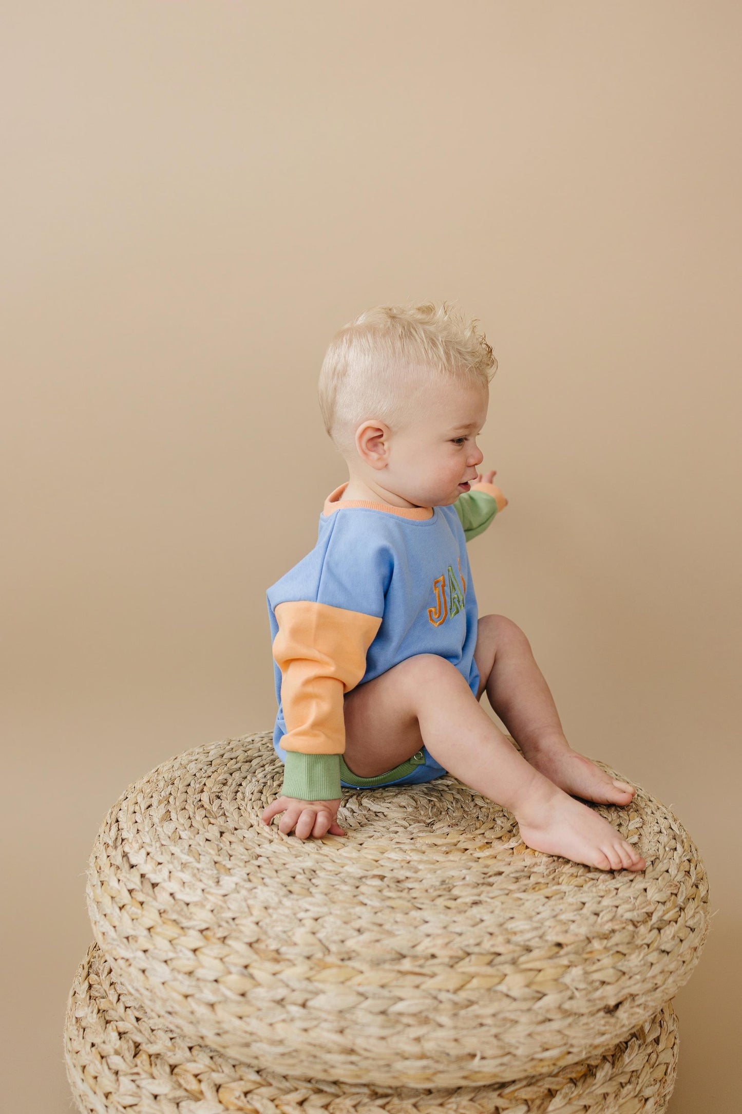 Custom Embroidered Colorblock Sweatshirt Romper - Orange Blue Green