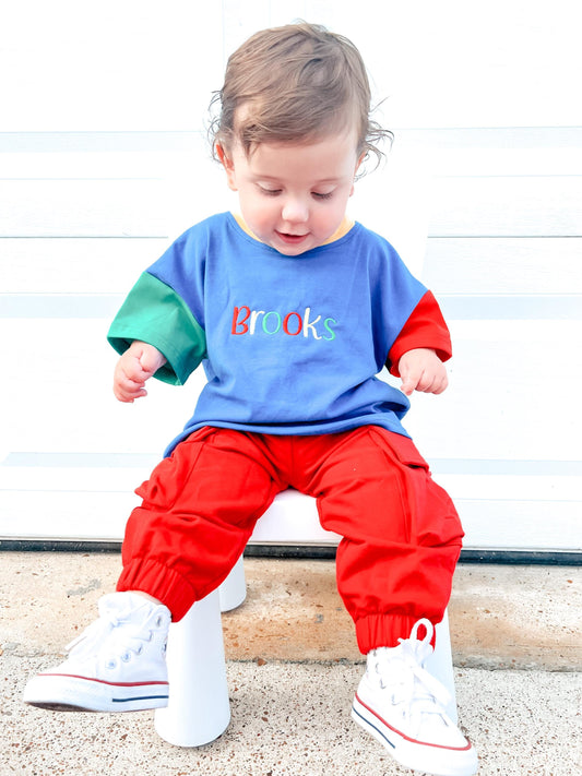 Custom Embroidered 90s Colorblock T-Shirt Romper or Oversized Tee Set - choice of bottoms