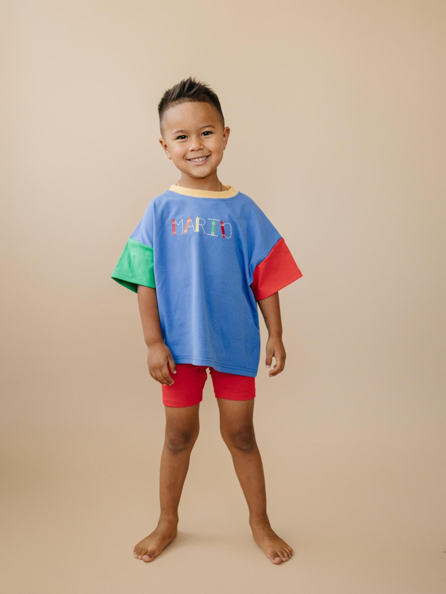 Custom Embroidered 90s Colorblock T-Shirt Romper or Oversized Tee - choice of bottoms