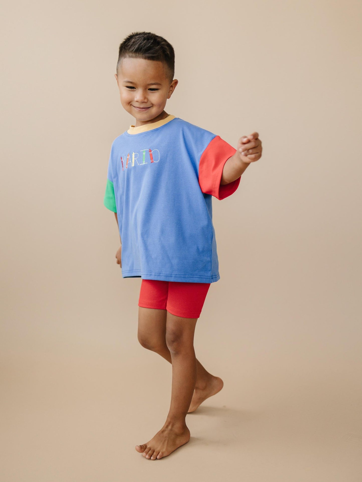 Custom Embroidered 90s Colorblock T-Shirt Romper or Oversized Tee Set - choice of bottoms