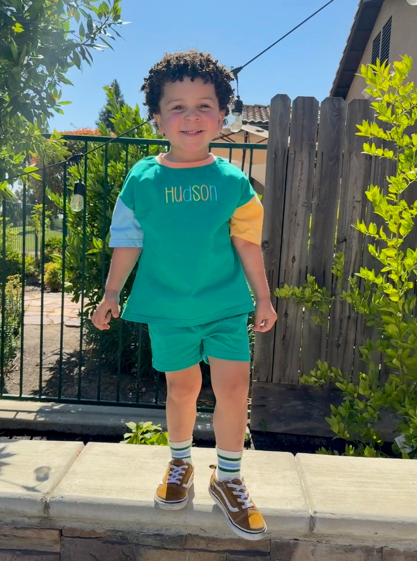 Custom Embroidered Colorblock Organic Cotton Tee & Shorts Set - Green
