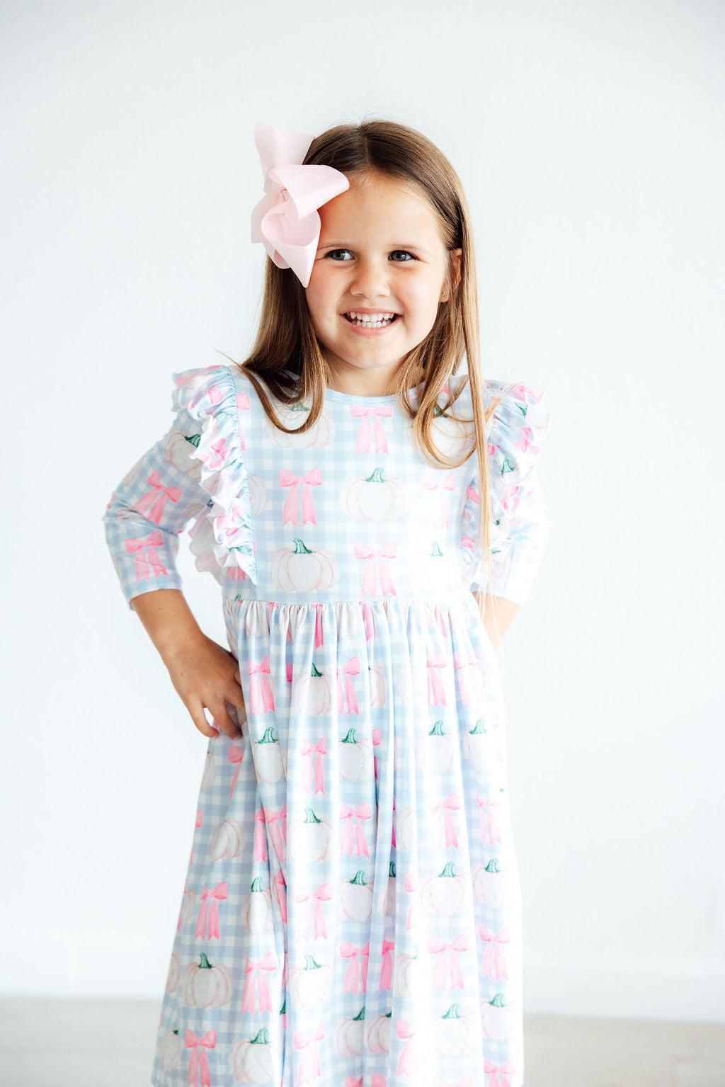 Pumpkin Picnic 3/4 Sleeve Ruffle Twirl Dress