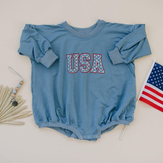 USA Star Bamboo Sweatshirt Romper - Little Joy Co.
