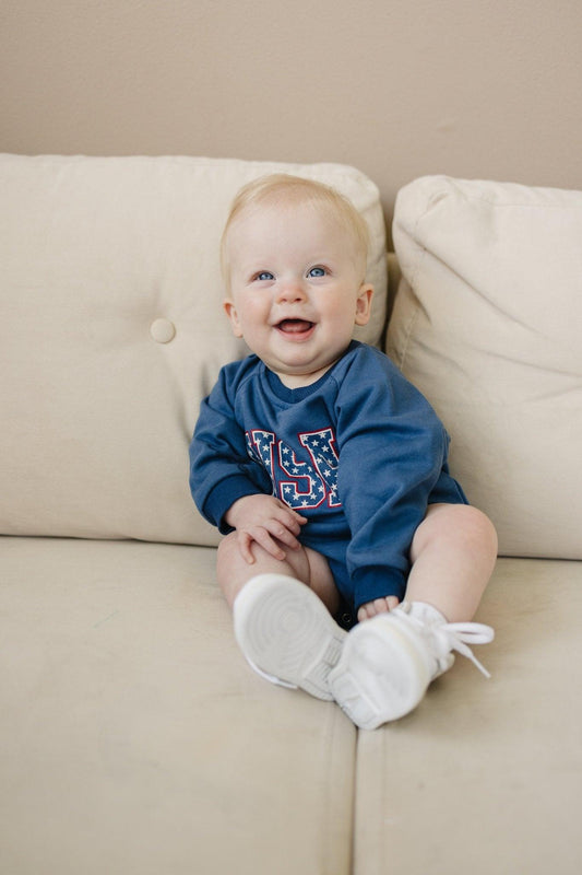 USA Stars Sweatshirt Romper - Little Joy Co.
