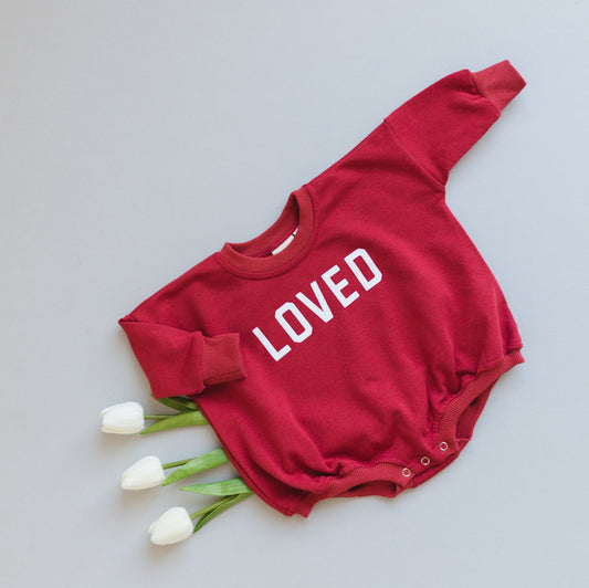 LOVED Graphic Oversized Sweatshirt Romper - Sweatshirt Bubble Romper - Baby Boy Clothes - Valentine's Day - Baby Girl Outfit