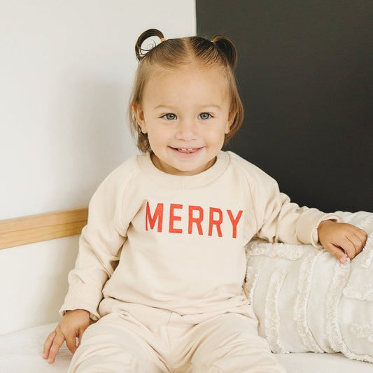 MERRY Graphic Organic Cotton 2pc Jogger Set - Baby Sweatsuit - Crewneck Sweatshirt & Pants - Christmas Baby Outfit Winter - Girl Boy Outfit
