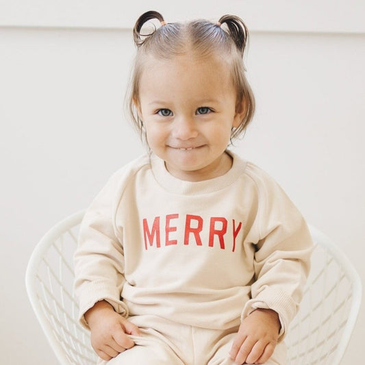 MERRY Graphic Organic Cotton 2pc Jogger Set - Baby Sweatsuit - Crewneck Sweatshirt & Pants - Christmas Baby Outfit Winter - Girl Boy Outfit