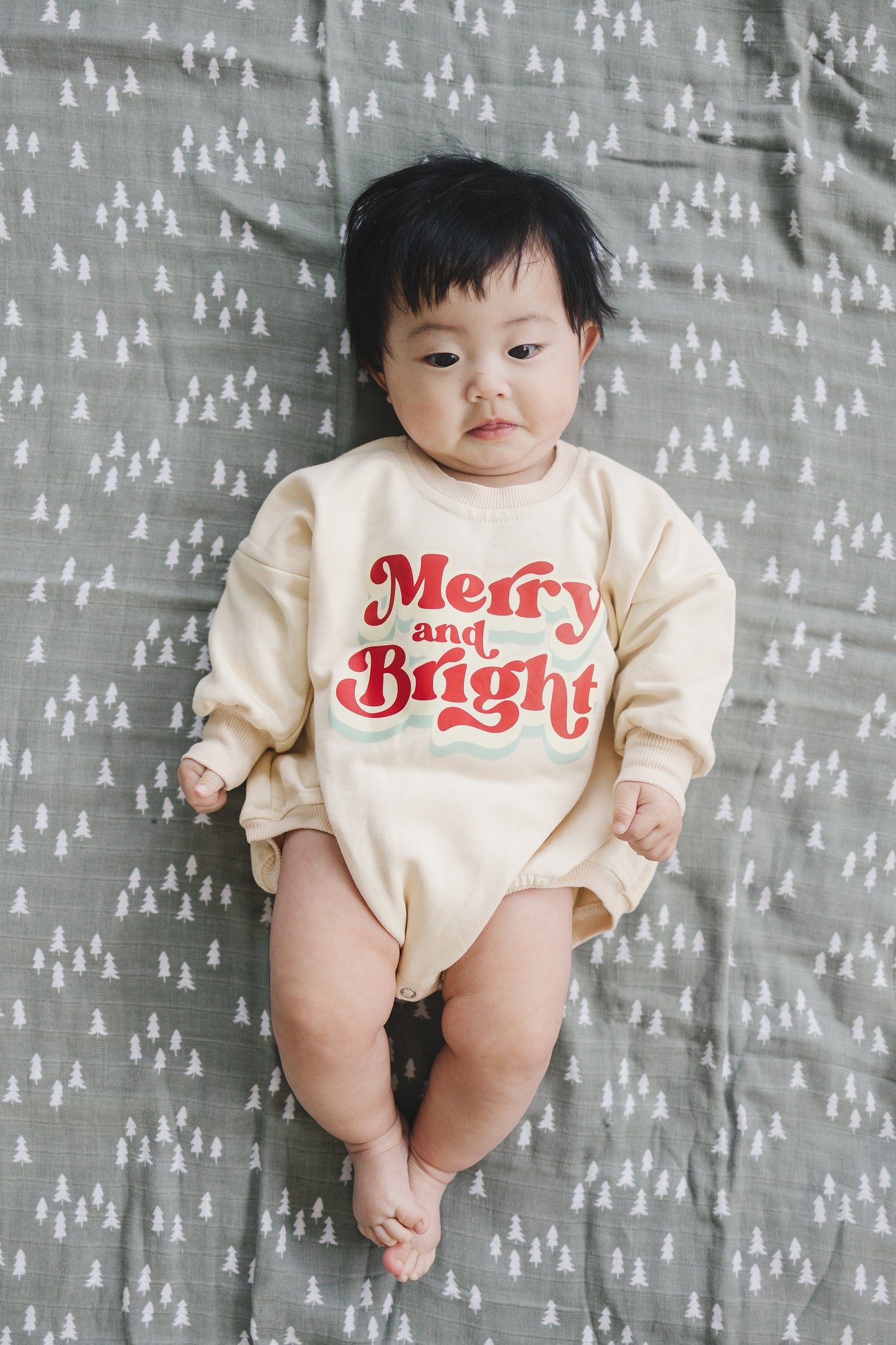 MERRY AND BRIGHT Christmas Graphic Oversized Sweatshirt Romper - Baby Bubble Romper - Bubble Romper - Baby Boy Outfit - Baby Girl - Neutral
