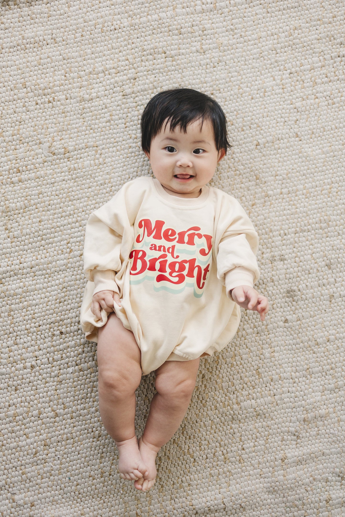 MERRY AND BRIGHT Christmas Graphic Oversized Sweatshirt Romper - Baby Bubble Romper - Bubble Romper - Baby Boy Outfit - Baby Girl - Neutral