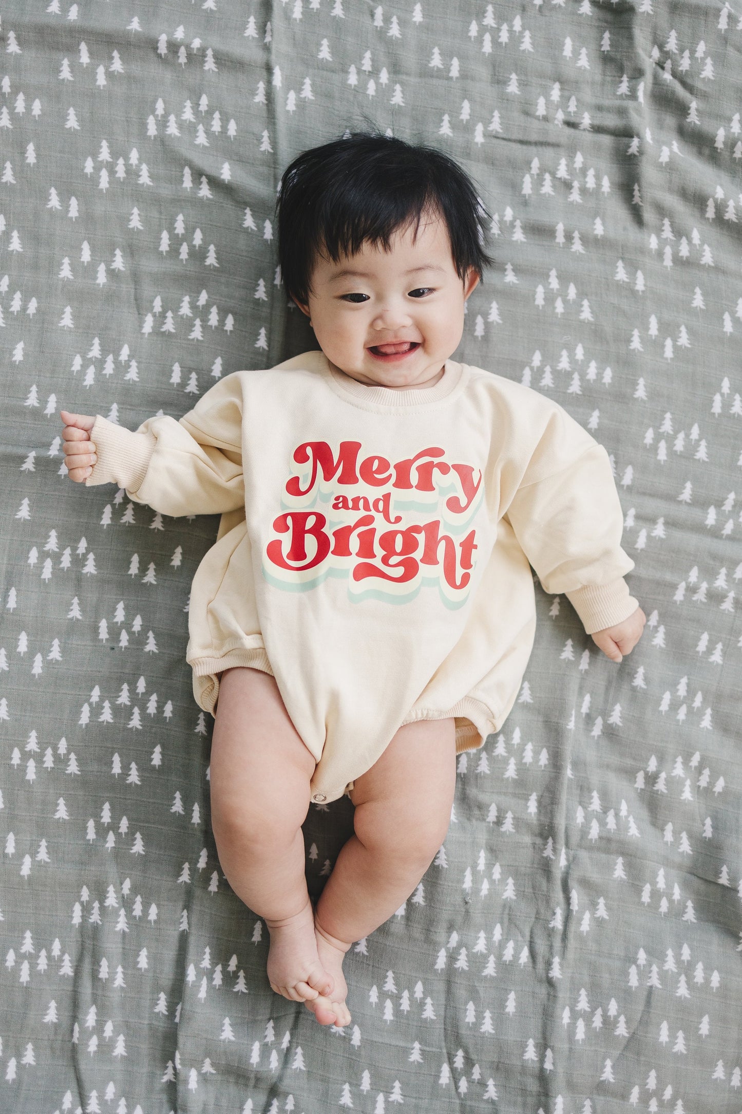 MERRY AND BRIGHT Christmas Graphic Oversized Sweatshirt Romper - Baby Bubble Romper - Bubble Romper - Baby Boy Outfit - Baby Girl - Neutral