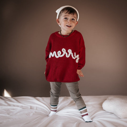 Merry Hand Embroidered Chunky Knit Sweater for Babies & Toddlers - Christmas Embroidered Baby Sweater - Baby Boy or Girl - Red