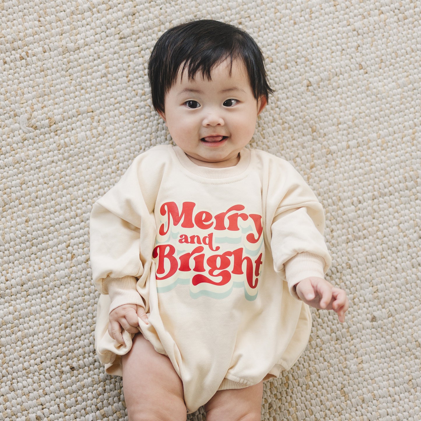 MERRY AND BRIGHT Christmas Graphic Oversized Sweatshirt Romper - Baby Bubble Romper - Bubble Romper - Baby Boy Outfit - Baby Girl - Neutral