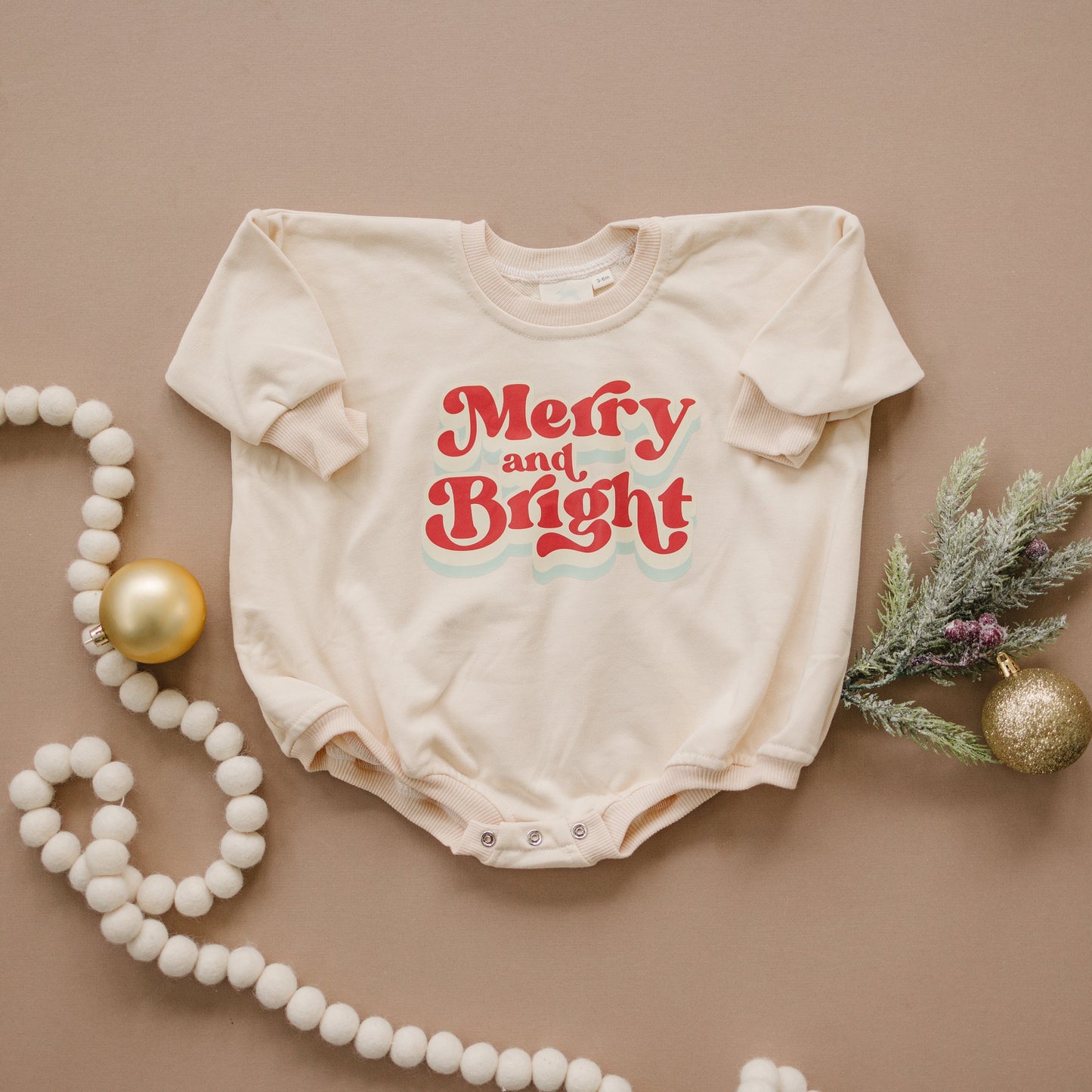MERRY AND BRIGHT Christmas Graphic Oversized Sweatshirt Romper - Baby Bubble Romper - Bubble Romper - Baby Boy Outfit - Baby Girl - Neutral