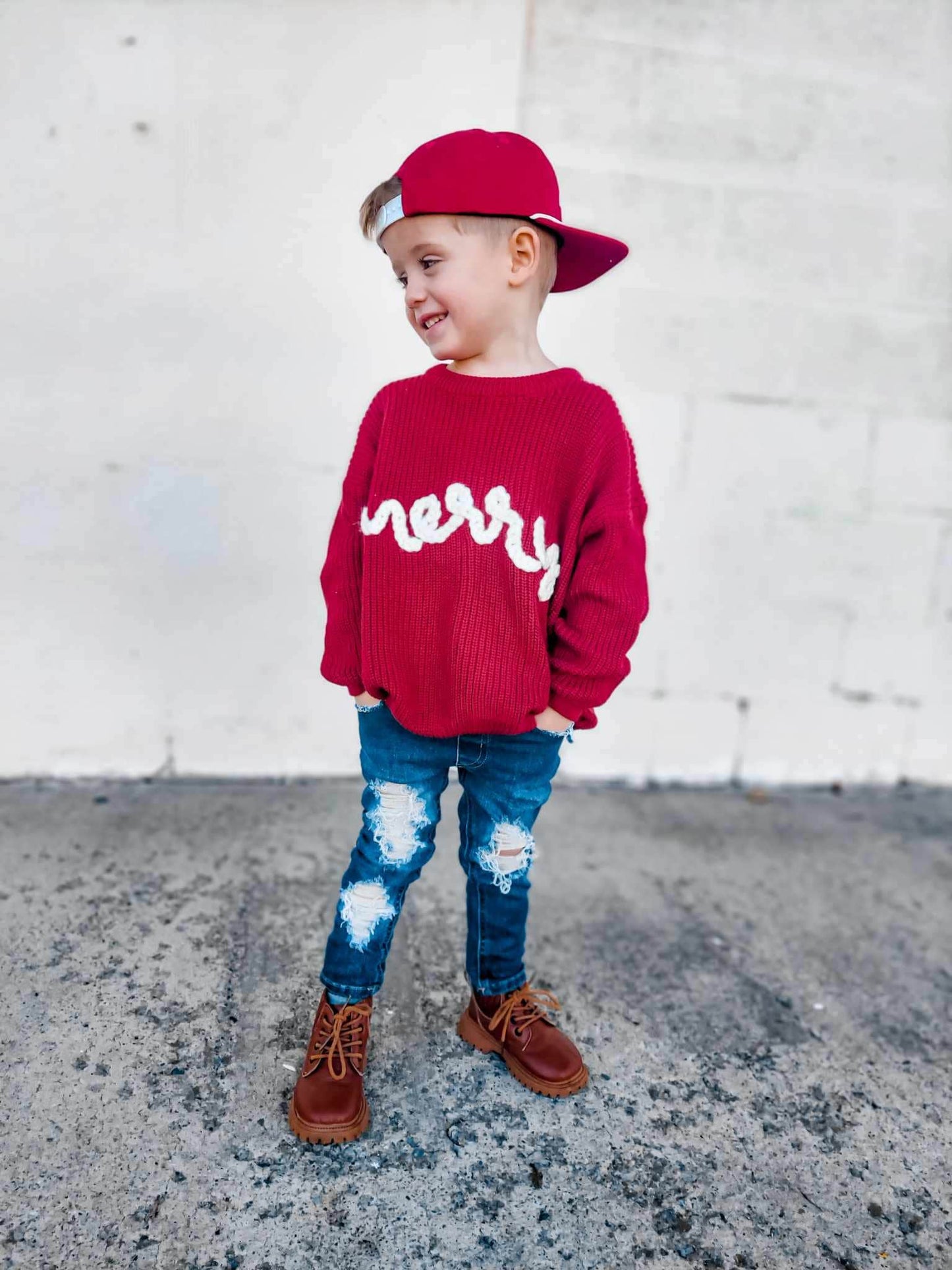 Merry Hand Embroidered Chunky Knit Sweater for Babies & Toddlers - Christmas Embroidered Baby Sweater - Baby Boy or Girl - Red