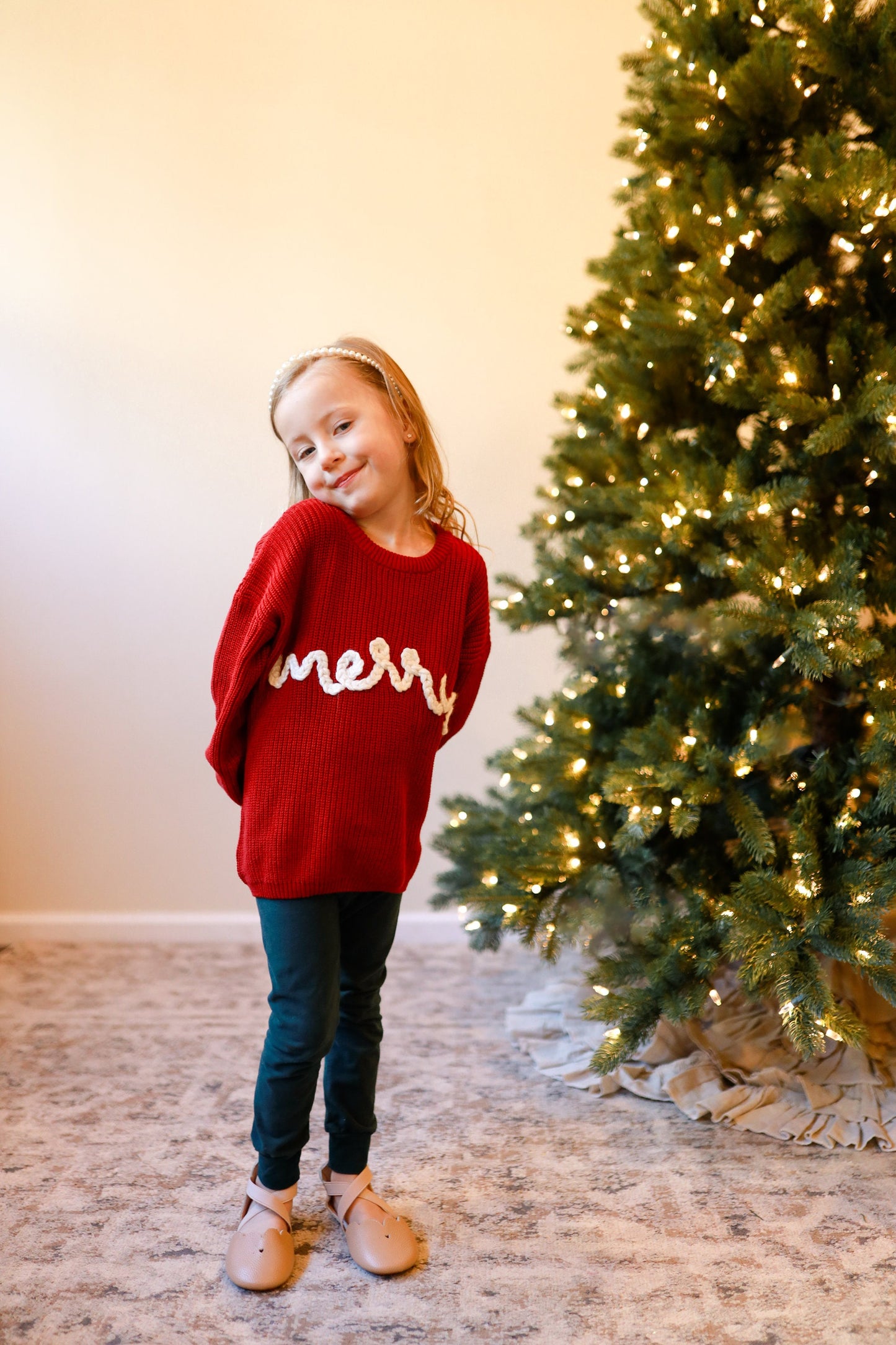 Merry Hand Embroidered Chunky Knit Sweater for Babies & Toddlers - Christmas Embroidered Baby Sweater - Baby Boy or Girl - Red