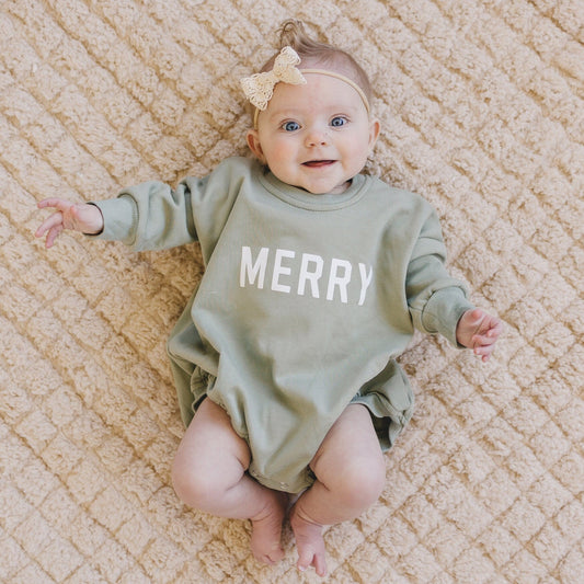 MERRY Christmas Graphic Oversized Sweatshirt Romper - Baby Bubble Romper - Baby Boy Outfit - Girl - Toddler - Green - X-Mas Sweatshirt Top