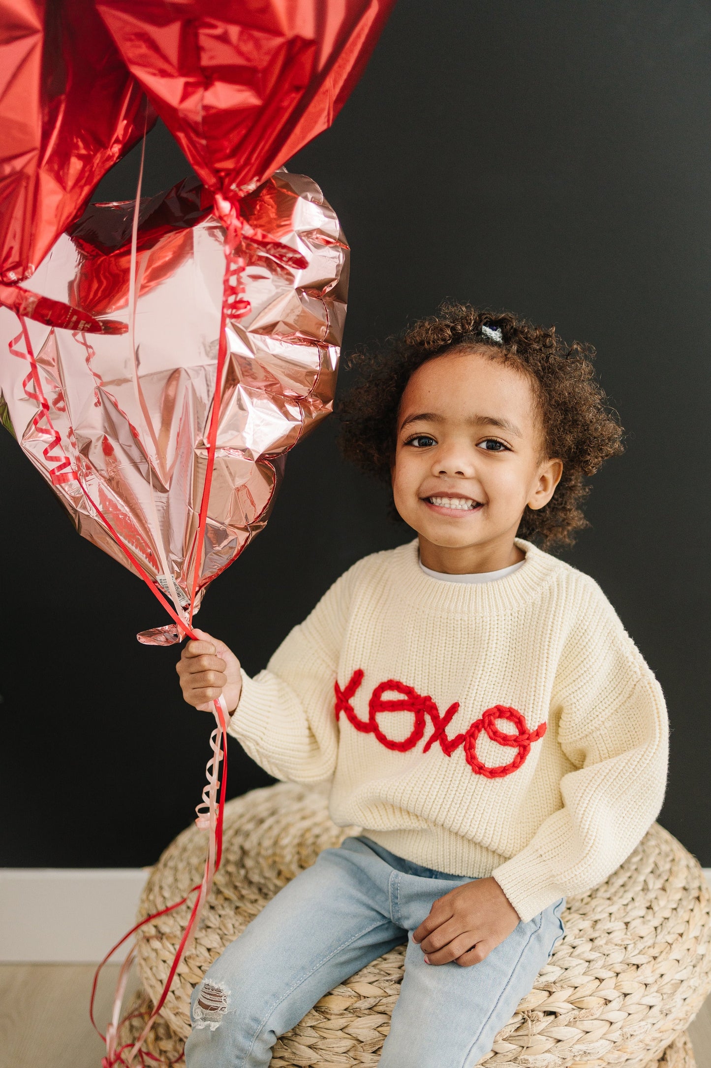 XOXO Hand Embroidered Chunky Knit Sweater for Babies & Toddlers - Valentine's Day Embroidered Baby Sweater - Baby Boy or Girl - Red VDay