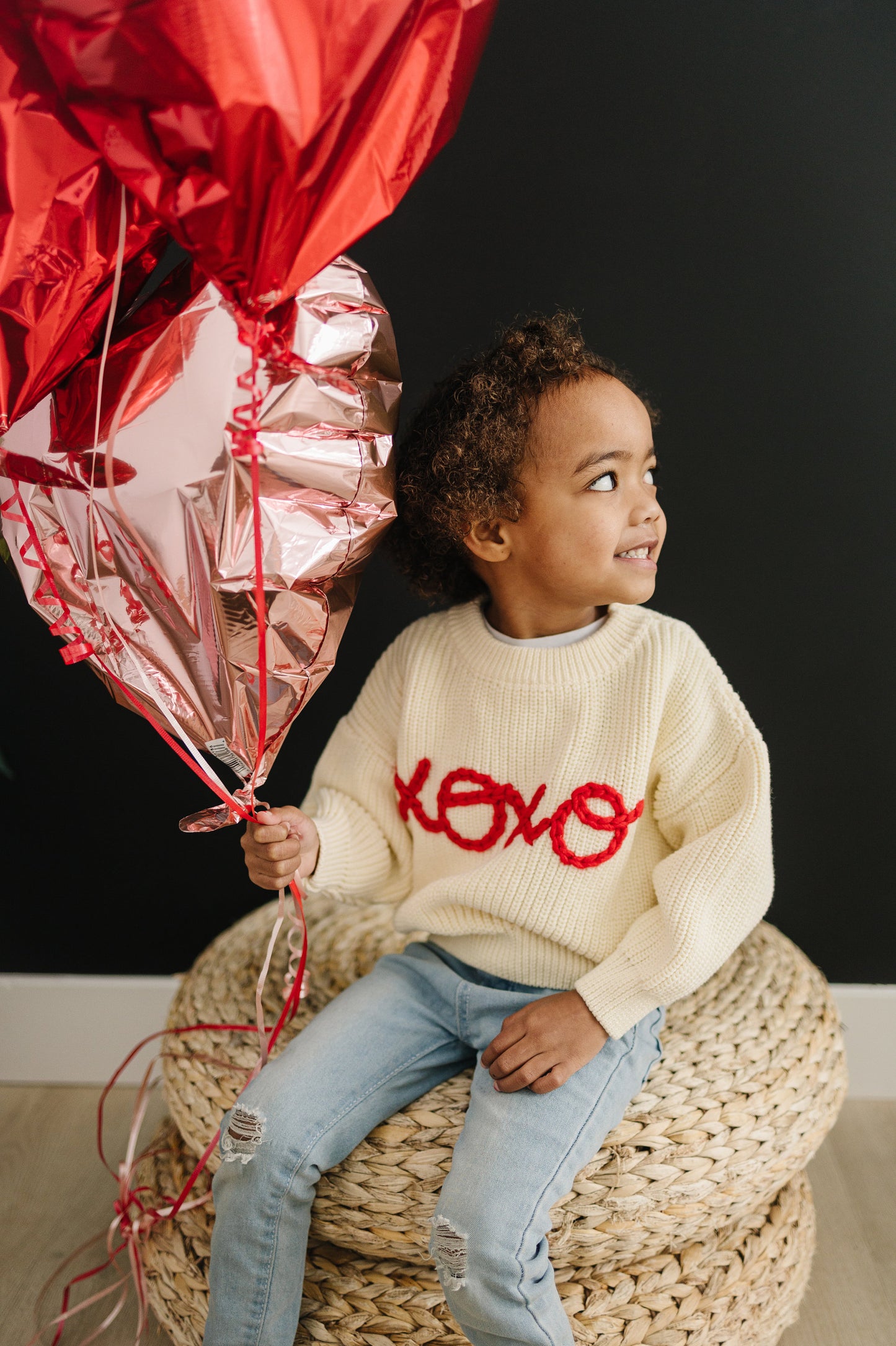 XOXO Hand Embroidered Chunky Knit Sweater for Babies & Toddlers - Valentine's Day Embroidered Baby Sweater - Baby Boy or Girl - Red VDay
