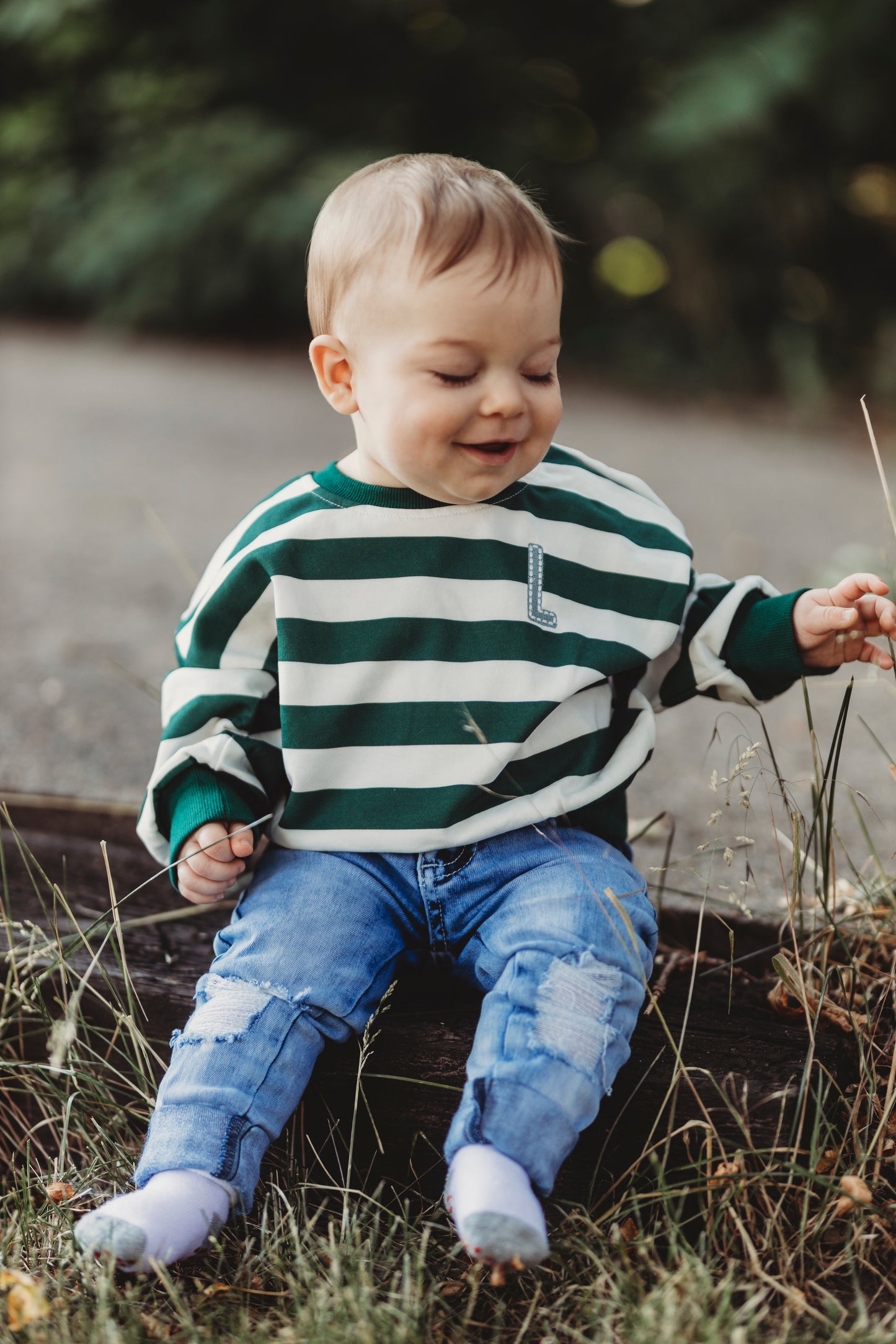 Green Striped Crewneck Sweatshirt - optional custom embroidery