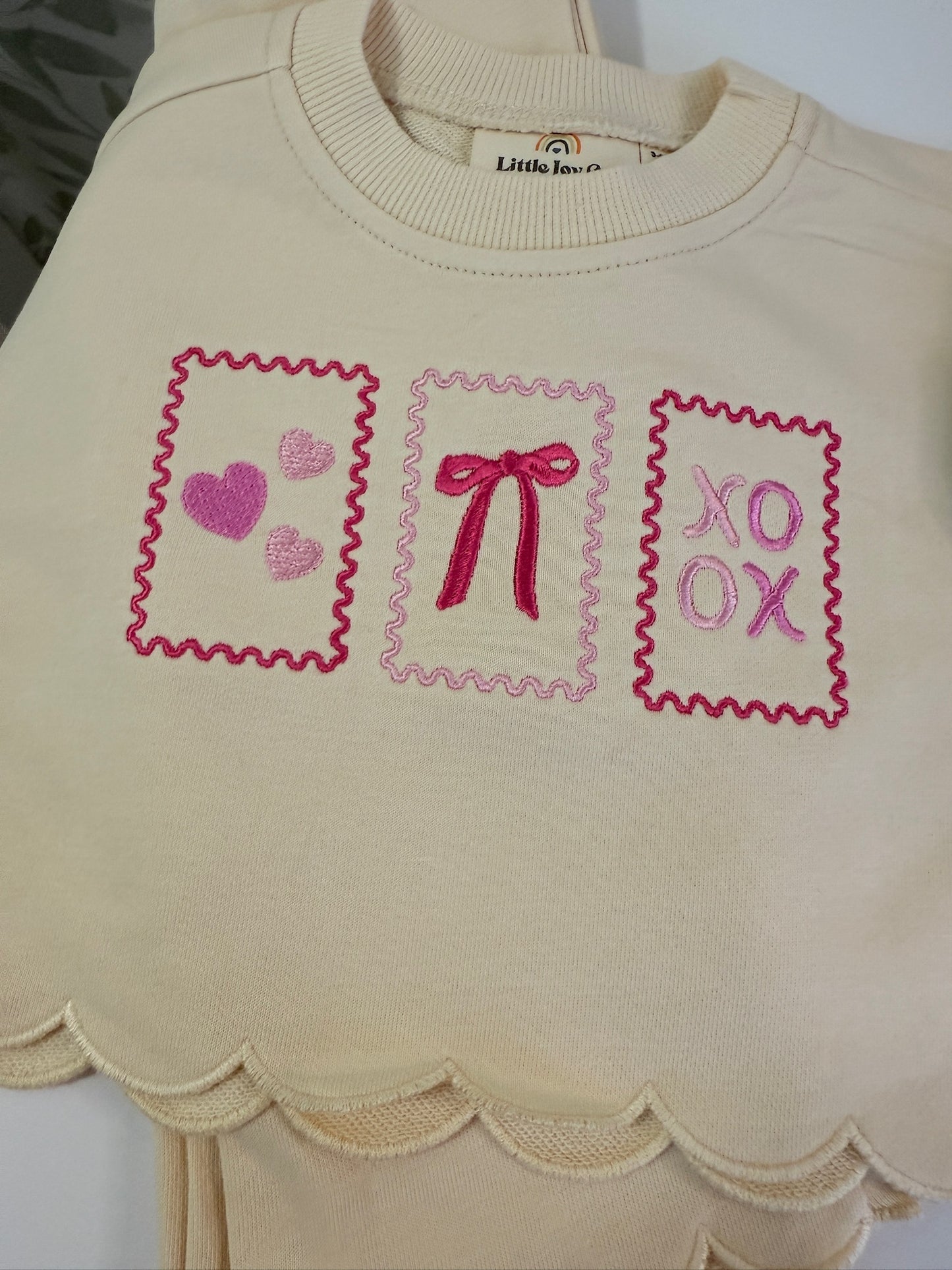 Custom Embroidered Valentine's Stamps Scalloped Set - Red, Cream, or Brown