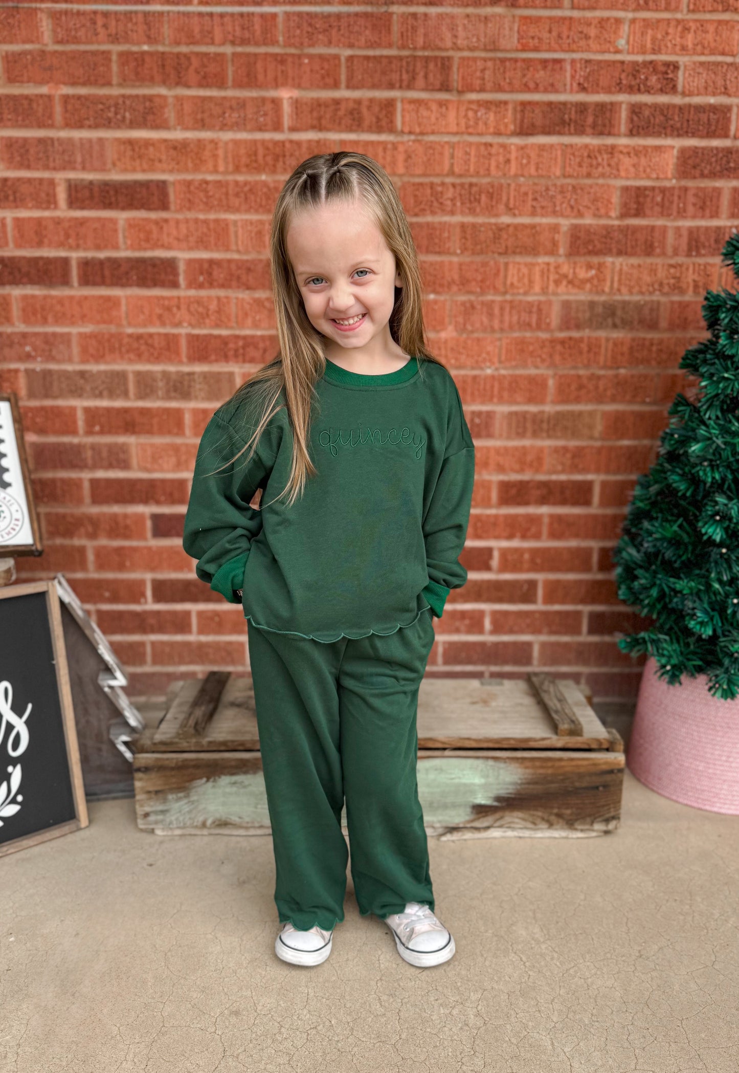 Custom Embroidered Monochromatic Scalloped Set - Christmas Red, Cream, Green or Brown