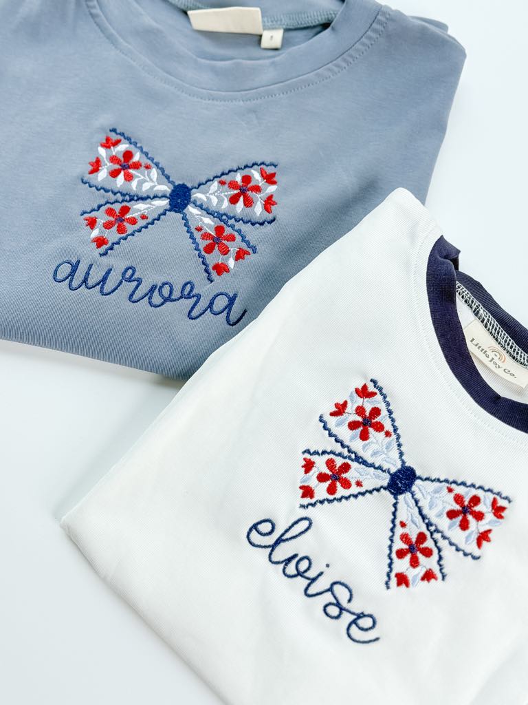 Custom Embroidered Blue 4th of July Tee - Floral Bow