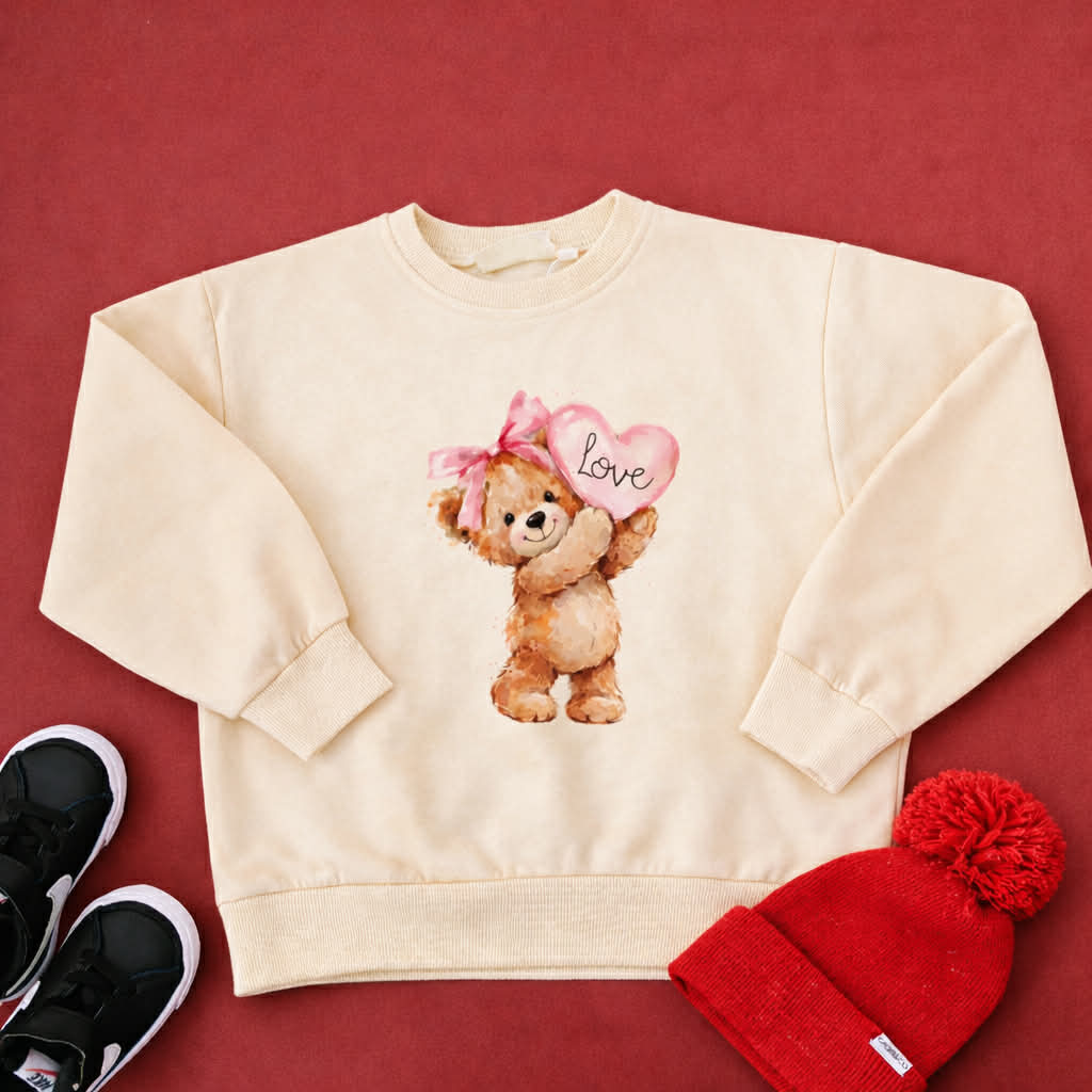 Valentine's Day Teddy Bear Bow Crewneck Sweatshirt or Sweatshirt Romper - Red or Cream