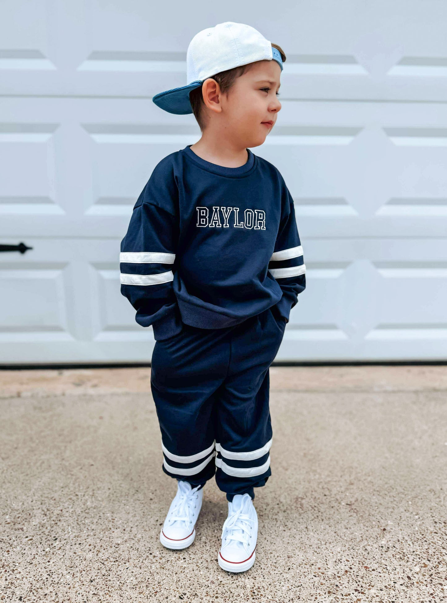Custom Embroidered Varsity Striped Jogger Set - Navy