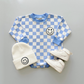 Bubble Romper | Checkered Smiley Blue