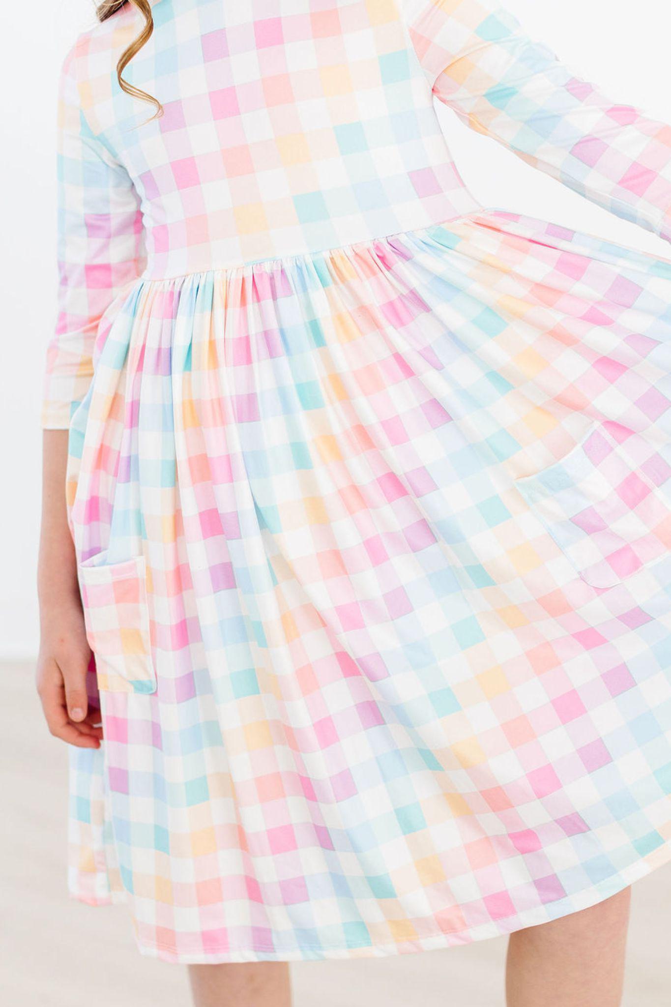 Pastel Plaid 3/4 Sleeve Pocket Twirl Dress