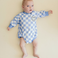 Bubble Romper | Checkered Smiley Blue